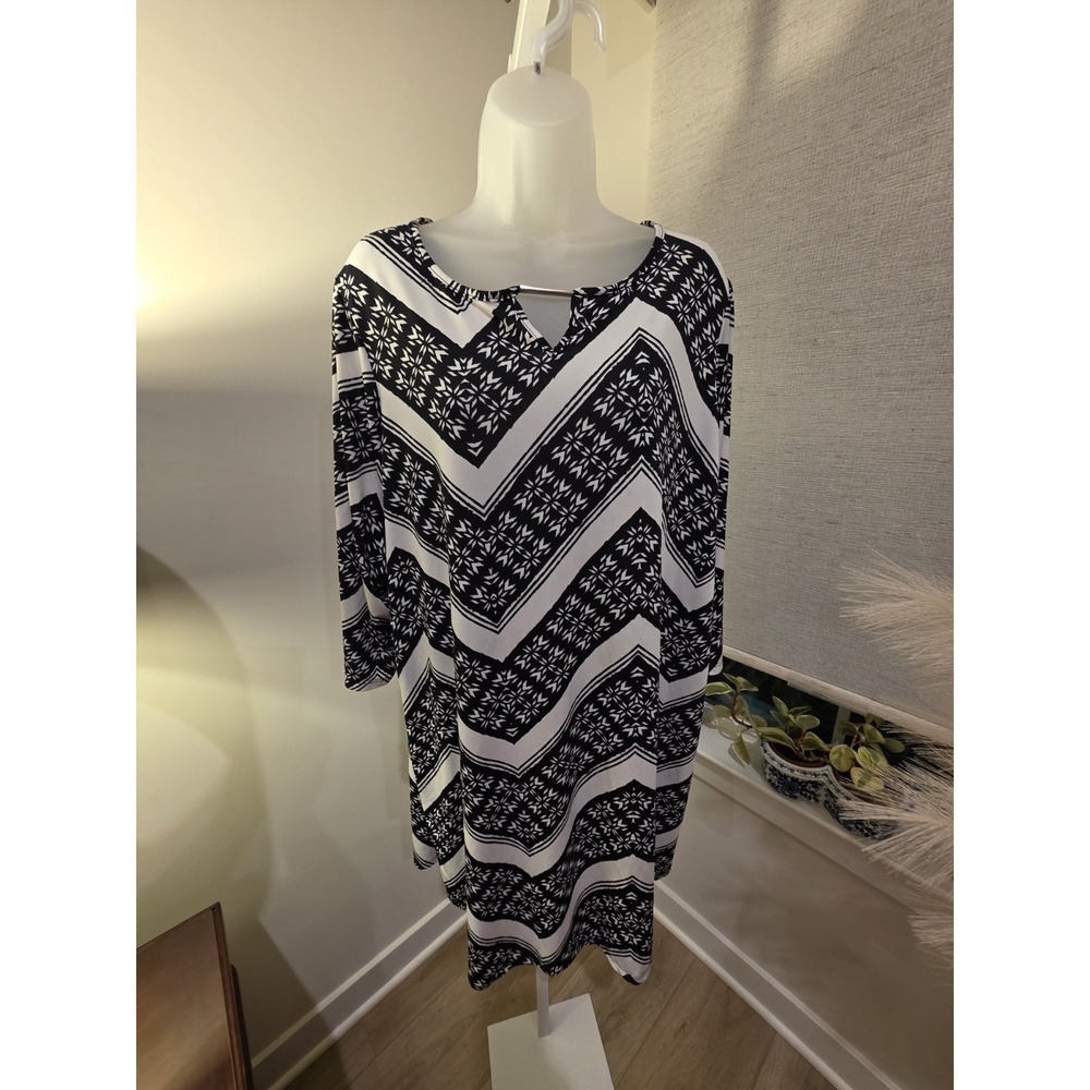 Womens Black White 3/4 Sleeve Chevron Print Stretch Dress 18W Boho Career Casual - Picture 4 of 16